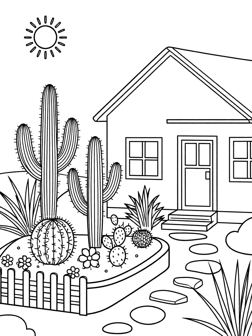 (Arizona) A cactus garden in front of a house