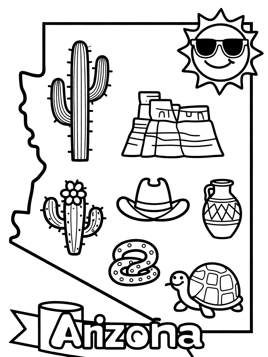 (Arizona) A cartoon map of Arizona with fun icons