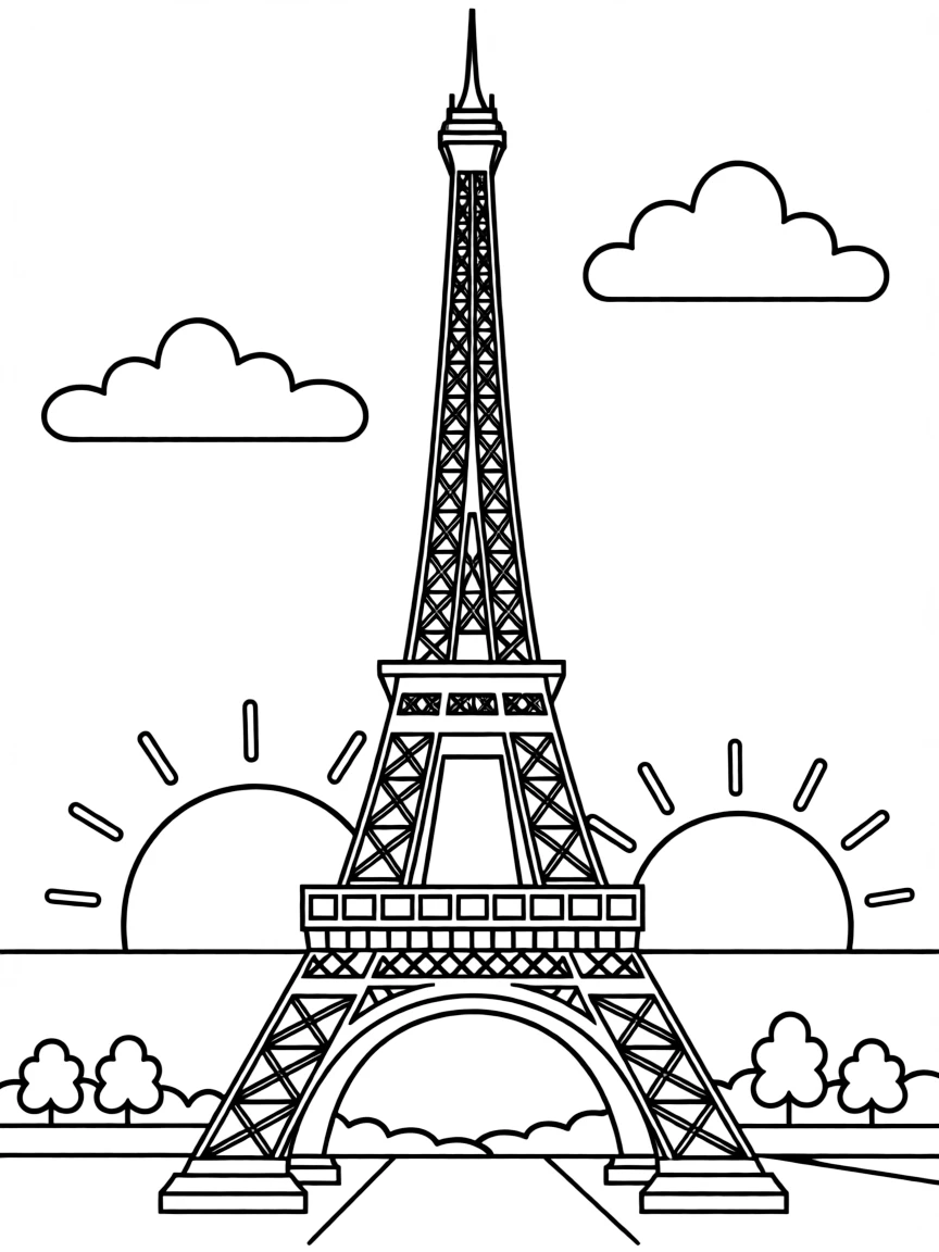 (France) Eiffel Tower at sunset with simple cloud outlines