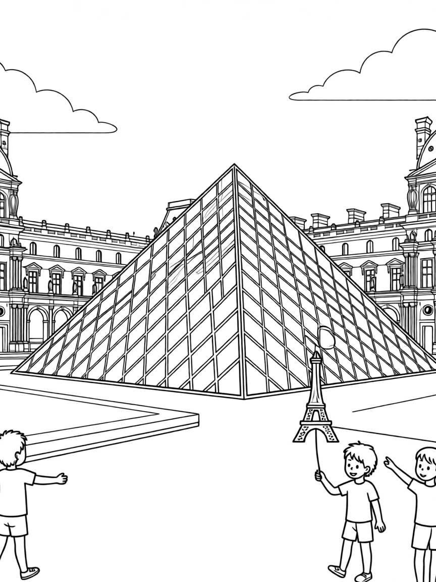 (France) Louvre courtyard with the glass pyramid and surrounding buildings