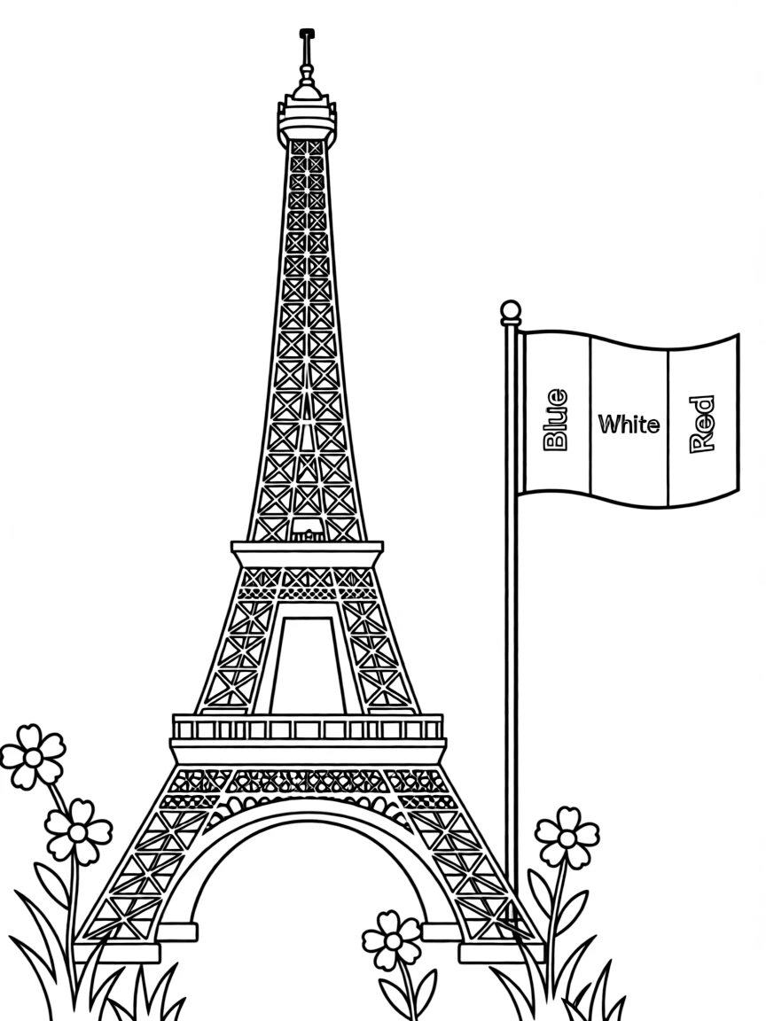 (France) Simple Eiffel Tower with French flag flying nearby