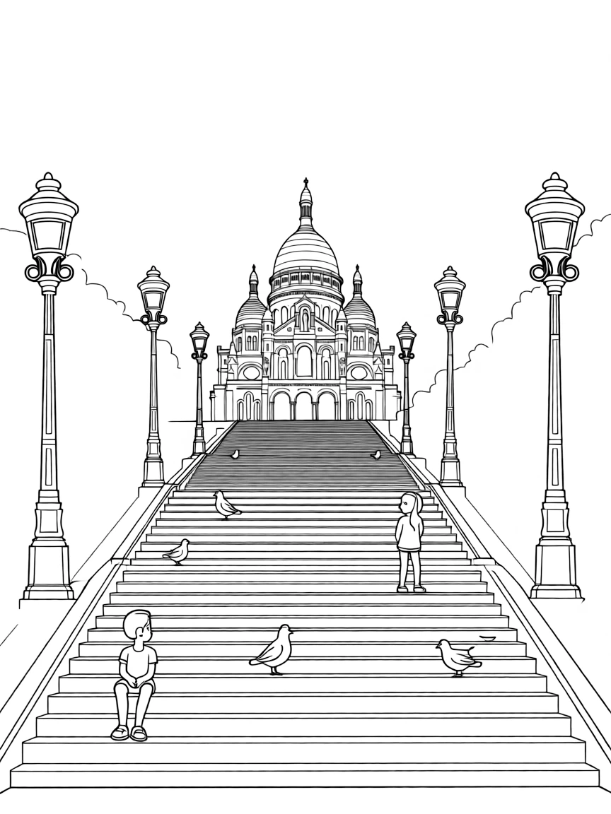 (France) Steps leading up to Sacré-Cœur with lampposts