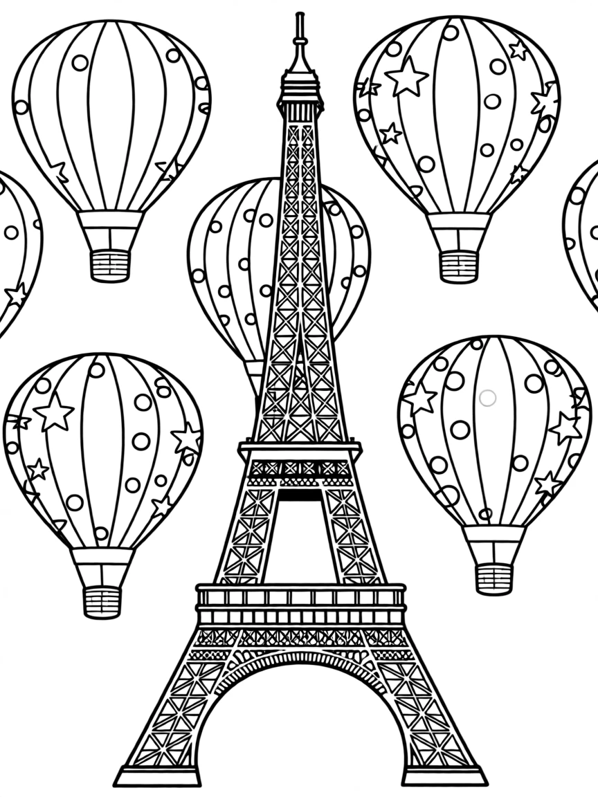 (France) Eiffel Tower with hot air balloons in the sky