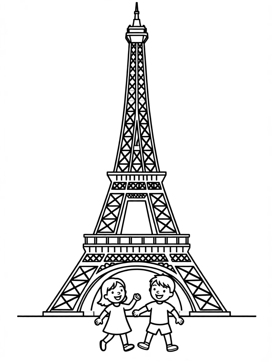 (France) Simple Eiffel Tower with children playing beneath