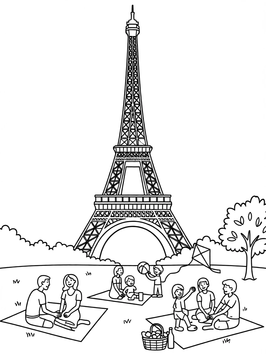 (France) Eiffel Tower with picnic families in Champ de Mars