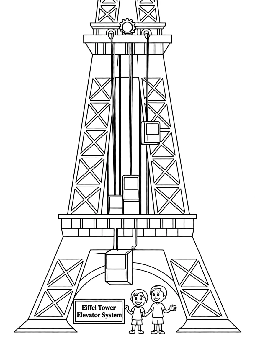 (France) Eiffel Tower elevator system (simplified mechanical drawing)