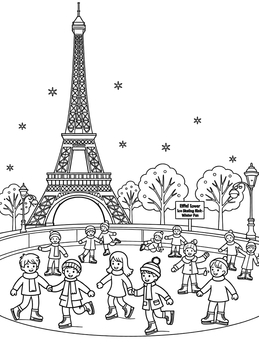 (France) Eiffel Tower ice skating rink (winter scene)