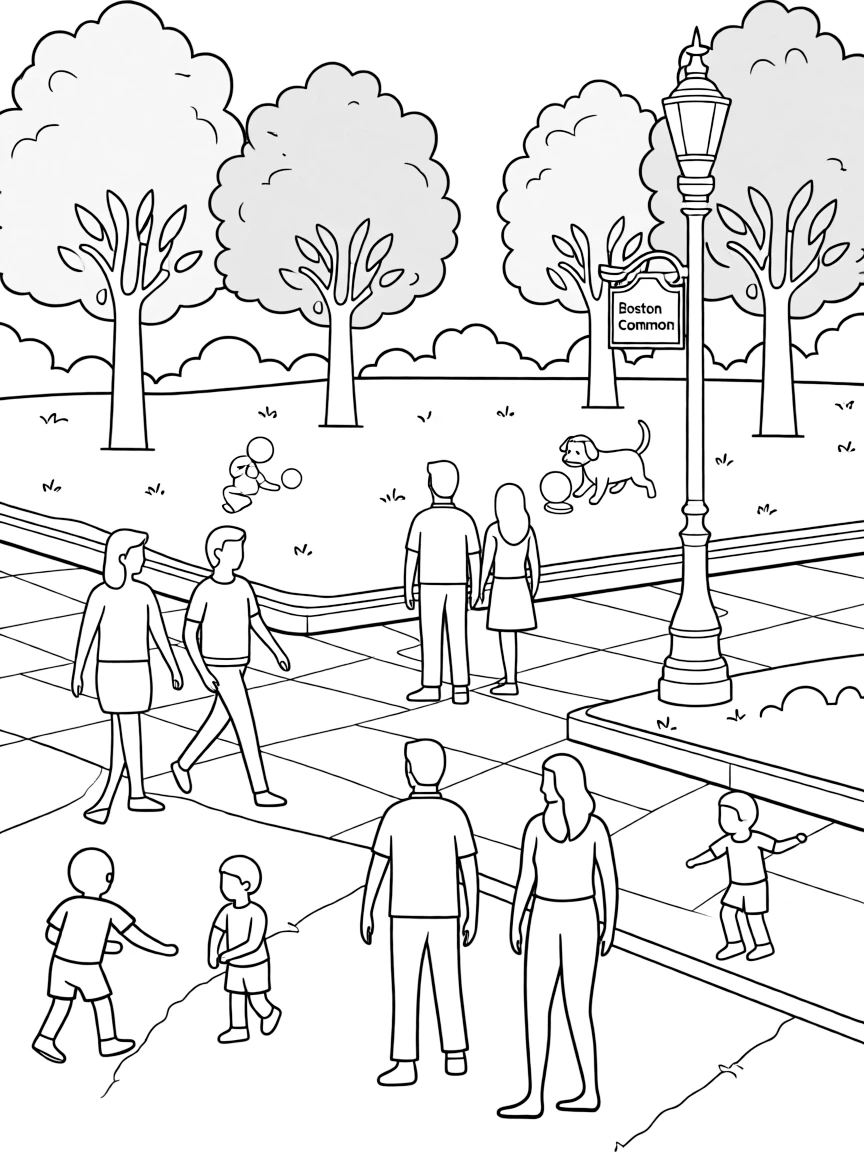(Massachusetts) Boston Common with people walking and playing