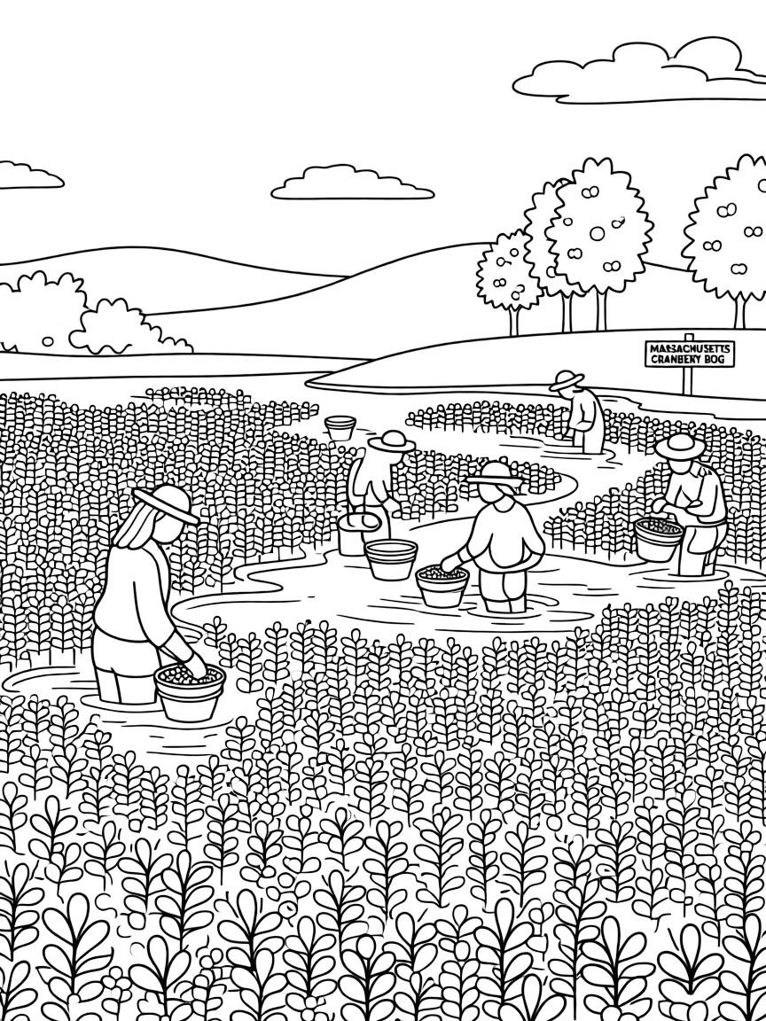 (Massachusetts) Cranberry bog with workers harvesting berries