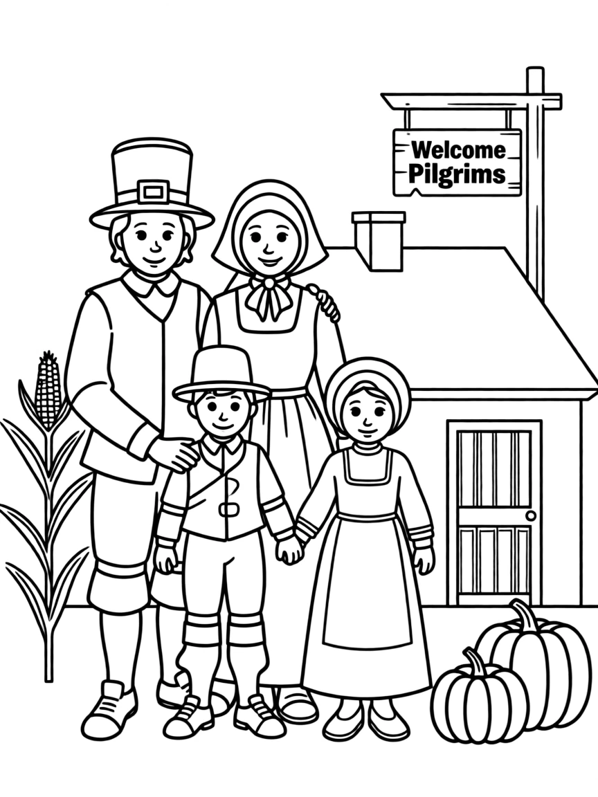 (Massachusetts) Pilgrim family in traditional clothing