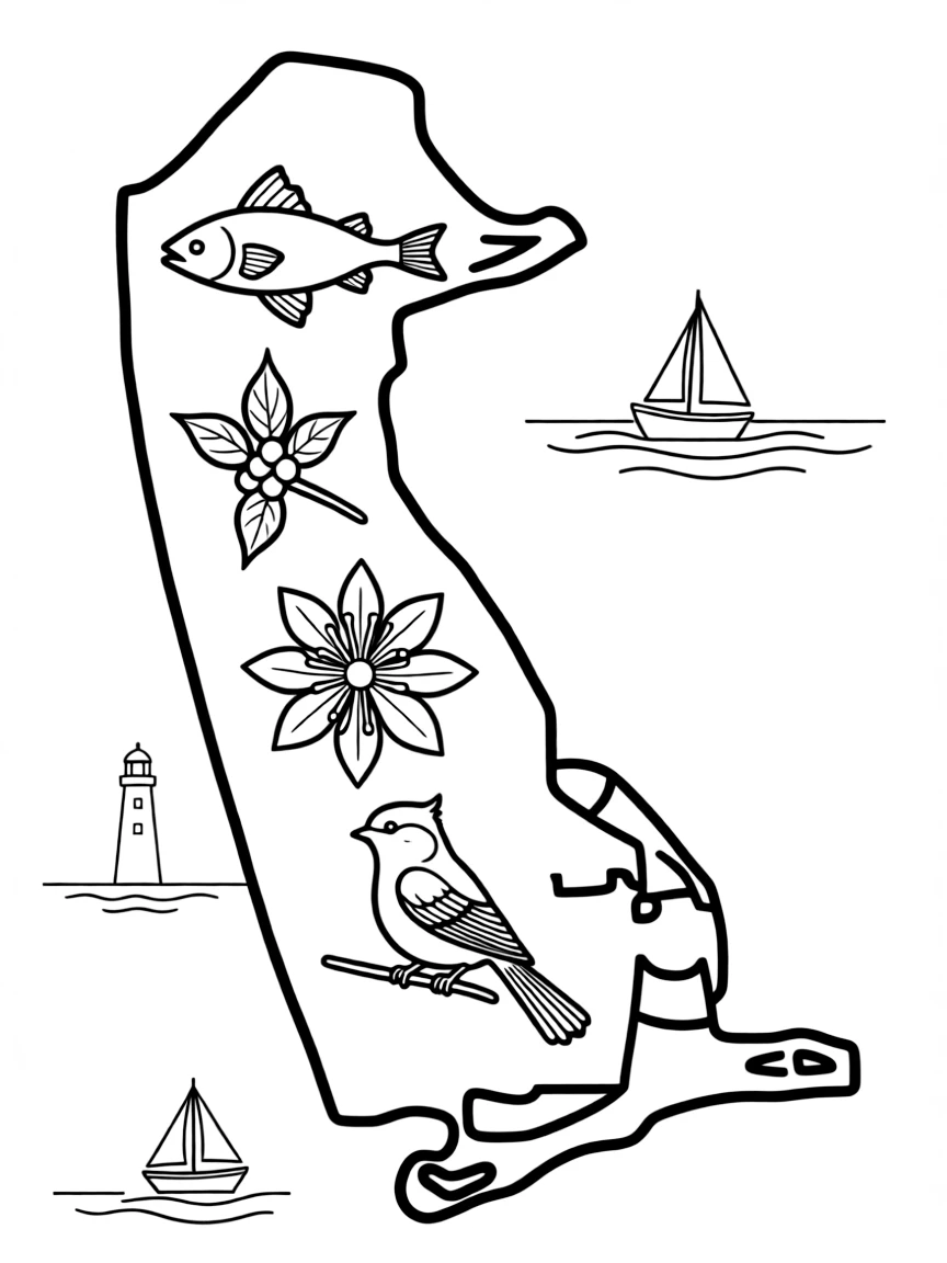 (Massachusetts) Bay State outline filled with state symbols