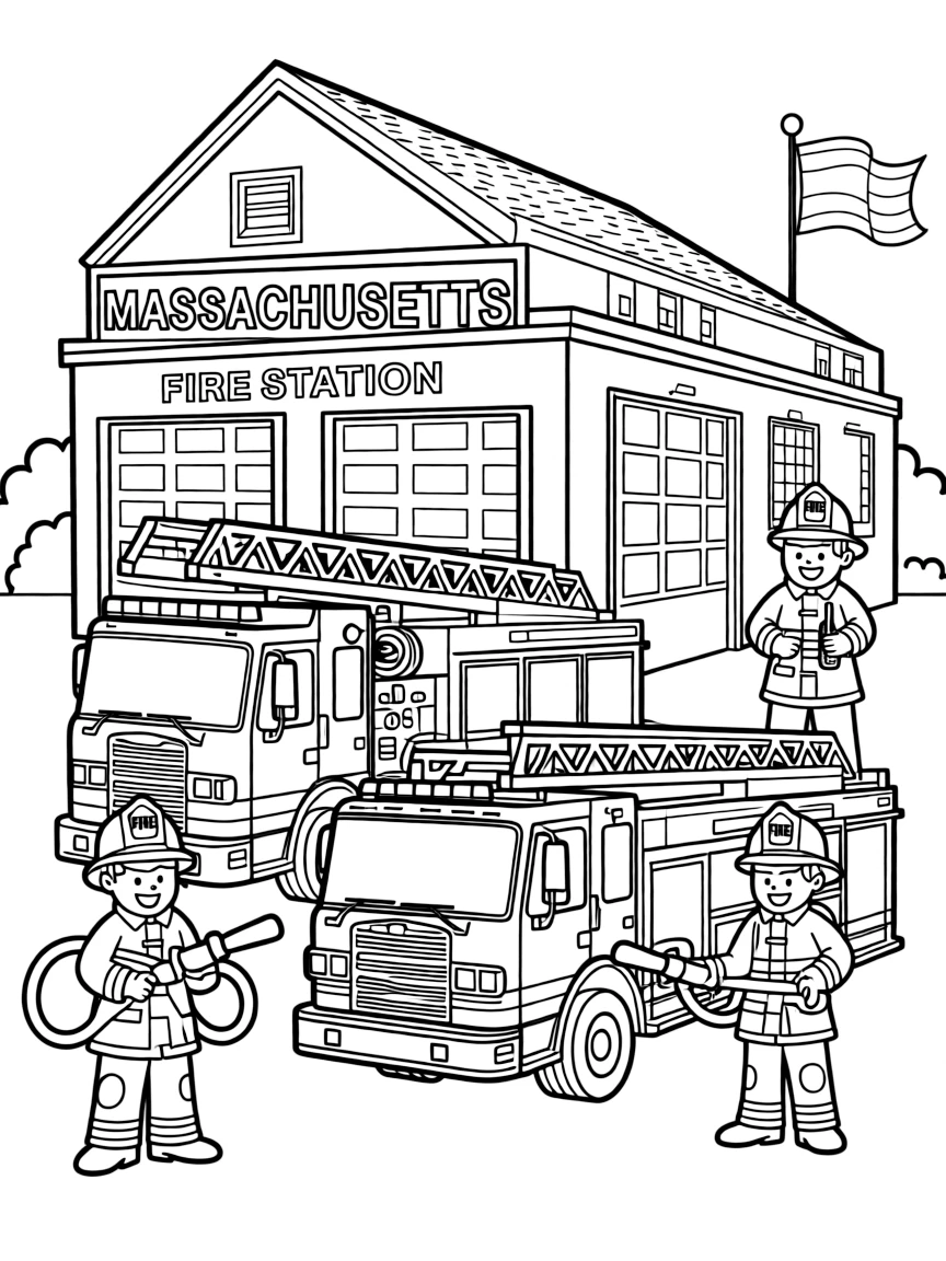 (Massachusetts) Fire station with firefighters and trucks