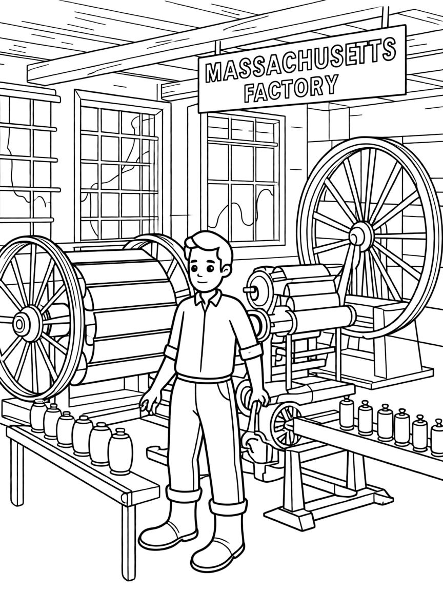 (Massachusetts) Factory worker in industrial revolution scene