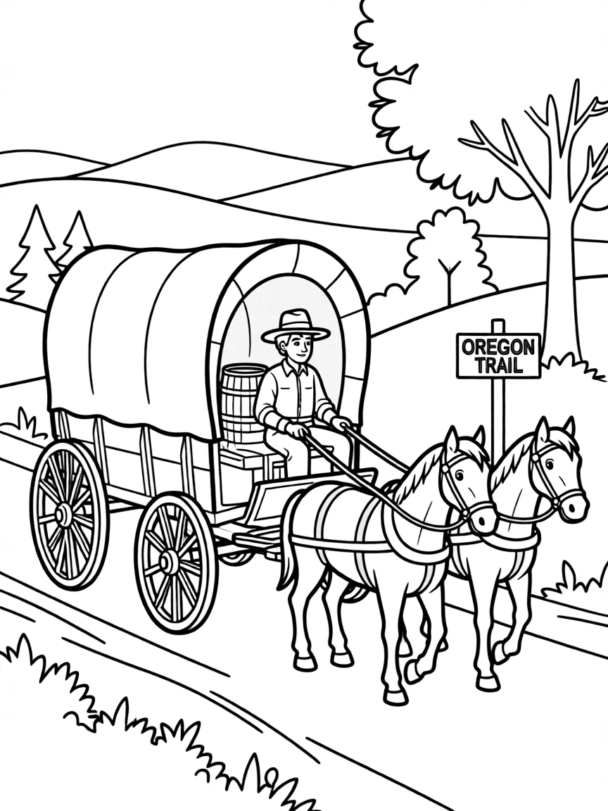 (Idaho) A covered wagon traveling the Oregon Trail