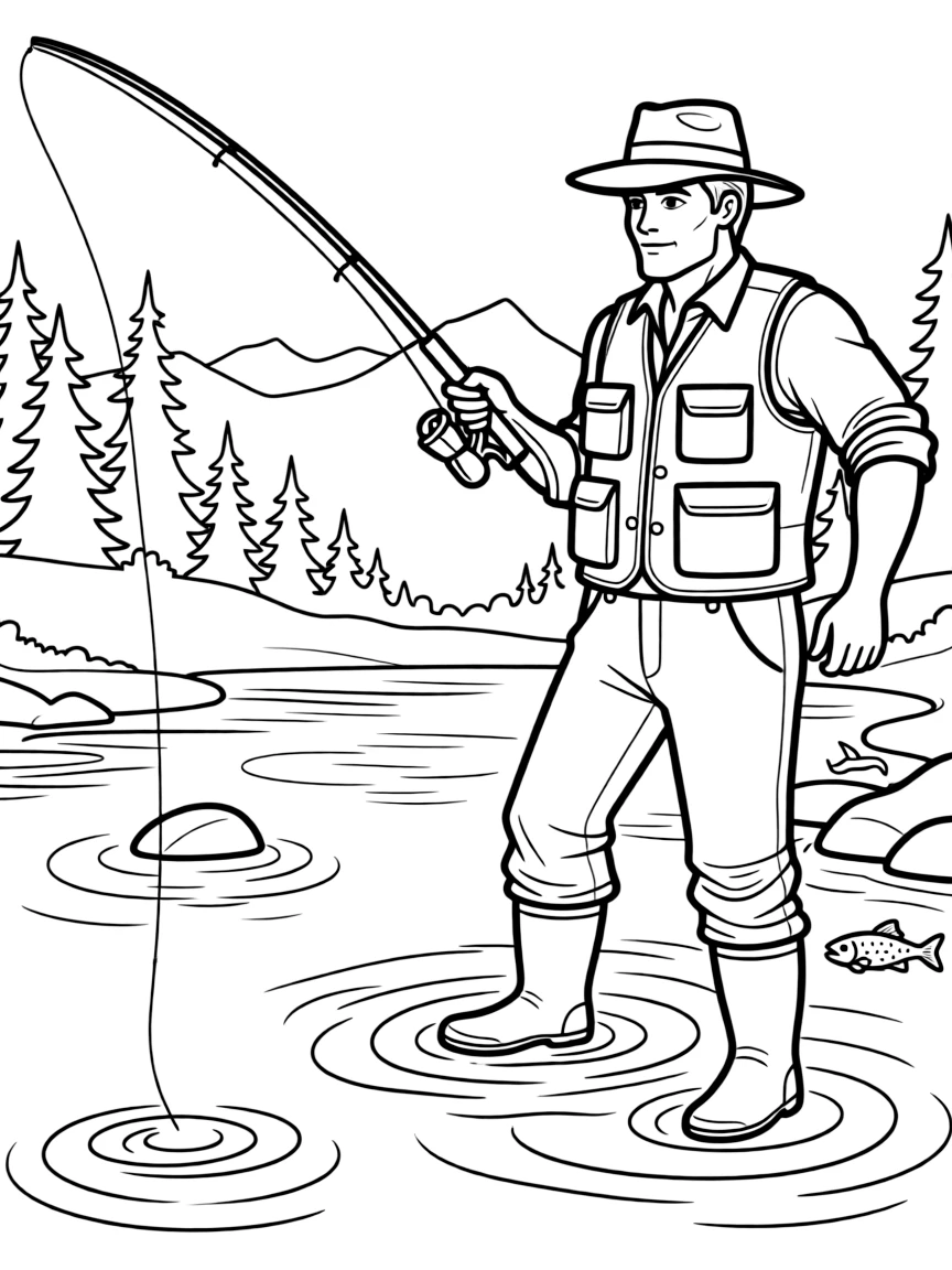 (Idaho) A trout fisherman standing in a river