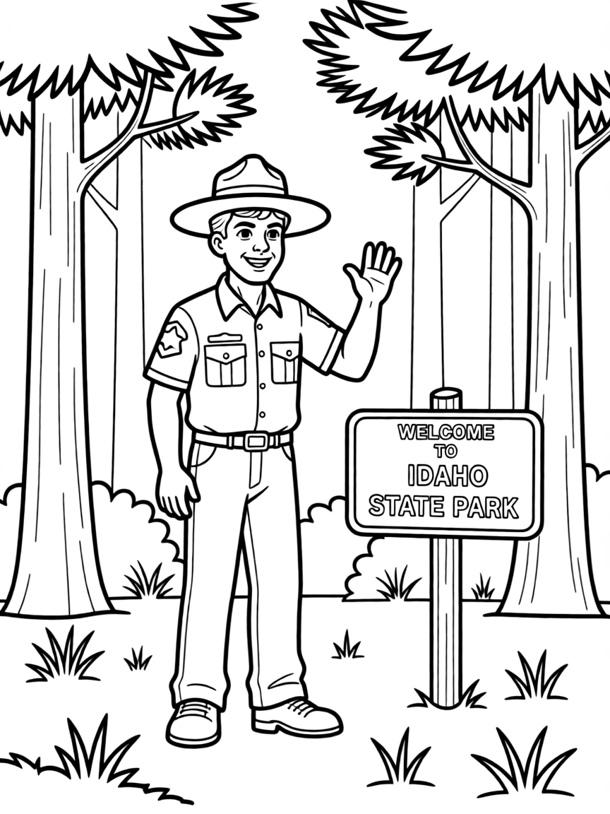 (Idaho) A friendly park ranger in a forest
