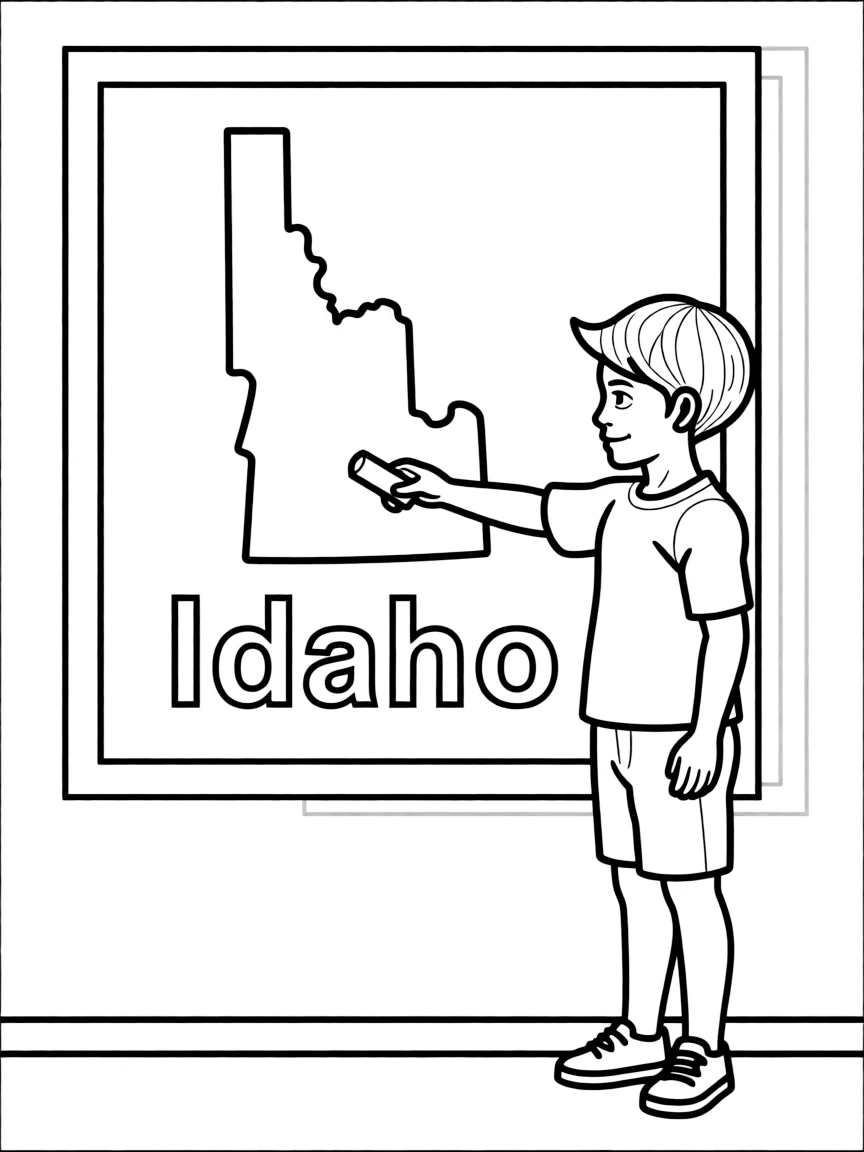 (Idaho) A child drawing Idaho on a chalkboard