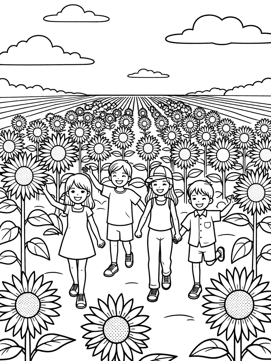 (Idaho) A group of kids playing in a field of sunflowers