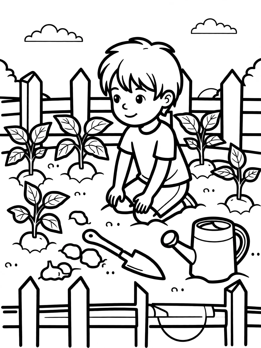 (Idaho) A child planting potatoes in a garden