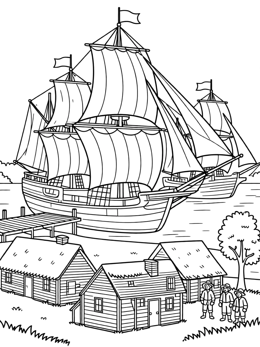 (Virginia) Jamestown Settlement with ships and colonial buildings