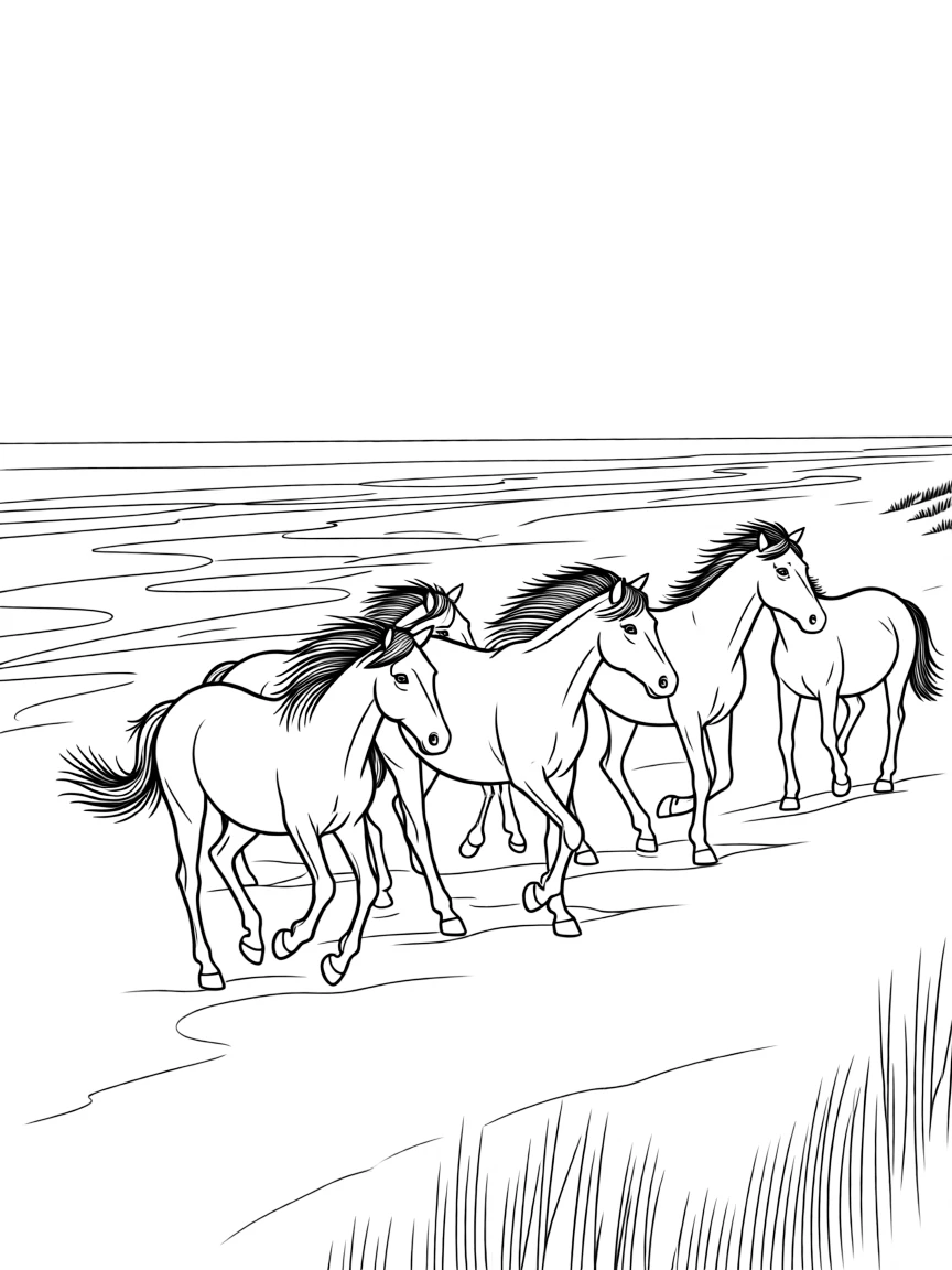 (Virginia) Assateague Island wild ponies running on the beach