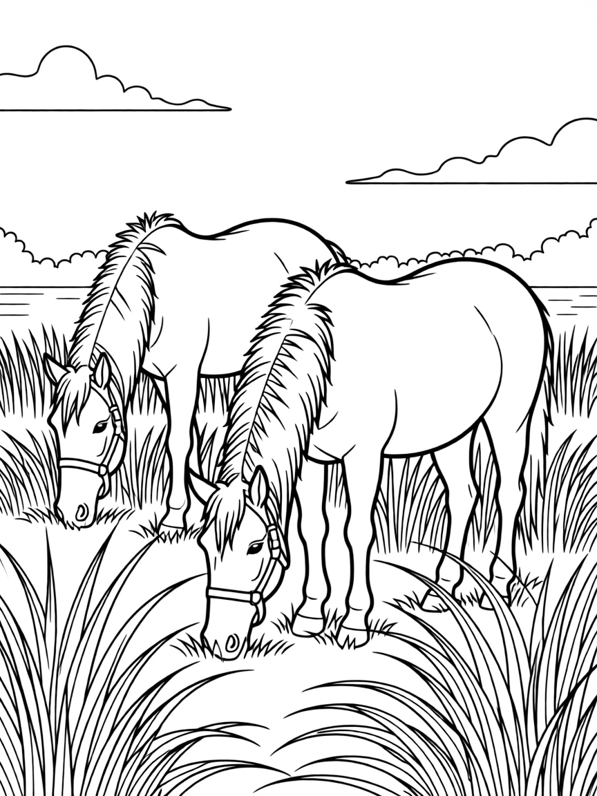 (Virginia) Chincoteague ponies grazing in marsh grass