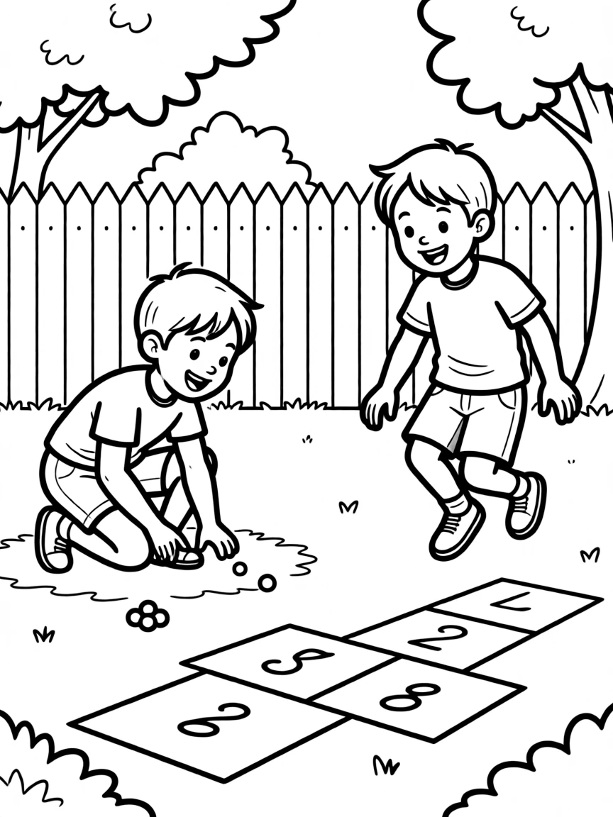 (Virginia) Children playing traditional Virginia games like marbles and hopscotch