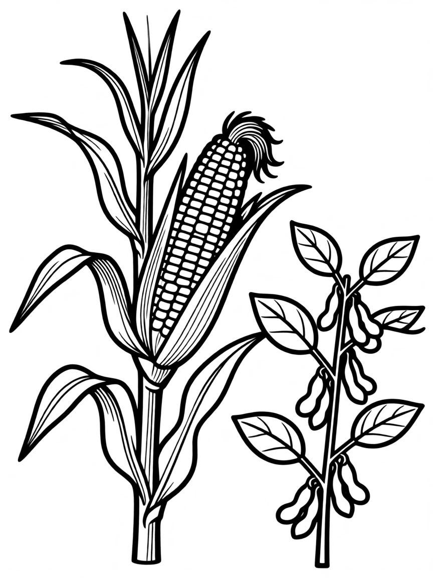 (Illinois) A corn cob and soybean plant