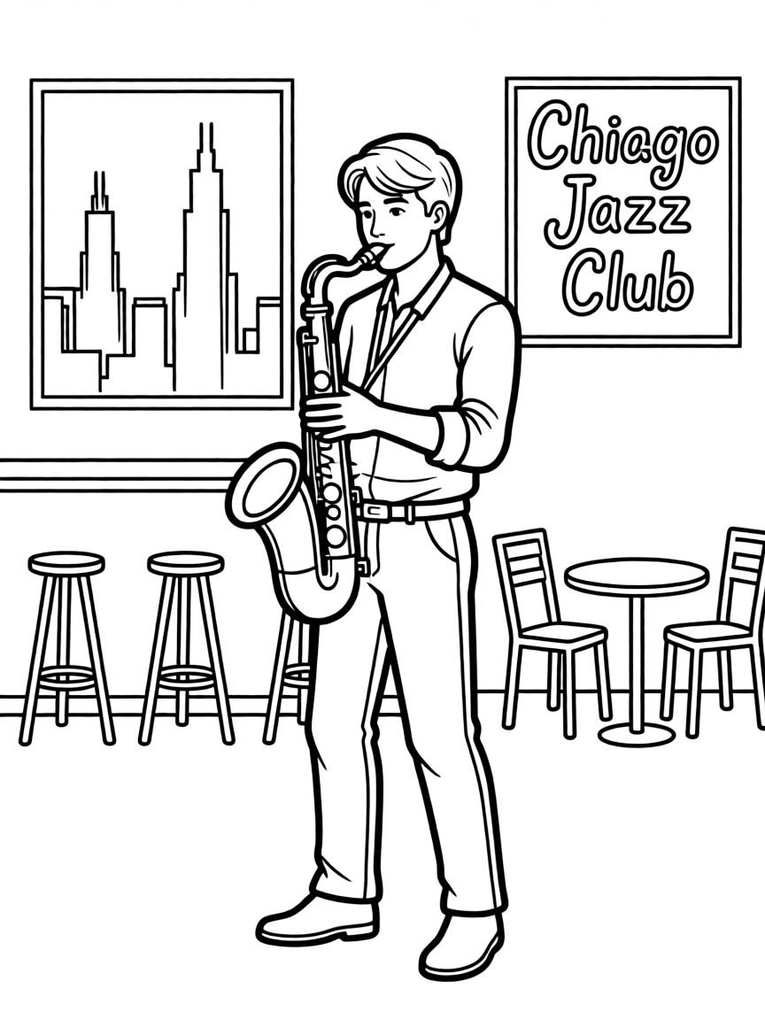 (Illinois) A jazz musician playing saxophone in a Chicago club
