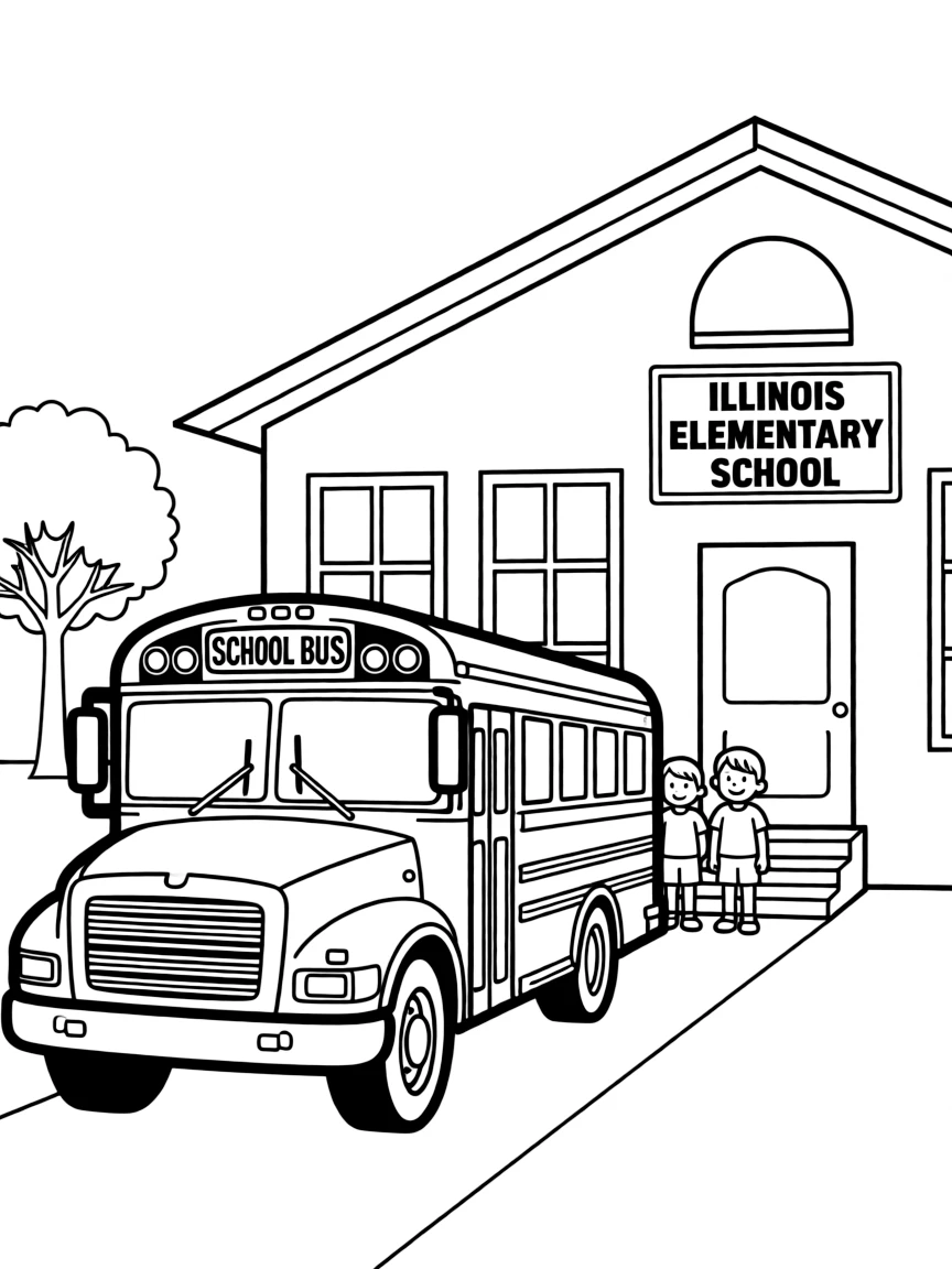 (Illinois) A school bus in front of a typical Illinois school