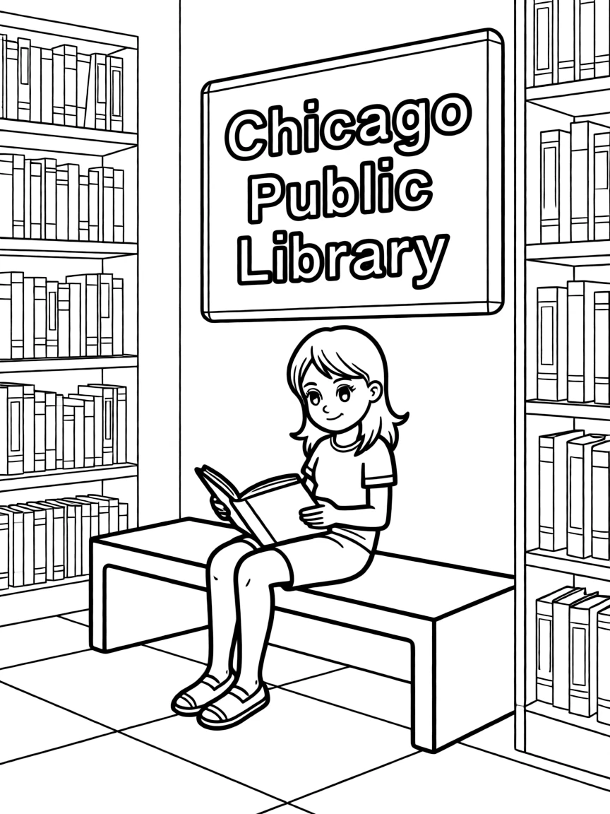 (Illinois) A girl reading a book at the Chicago Public Library