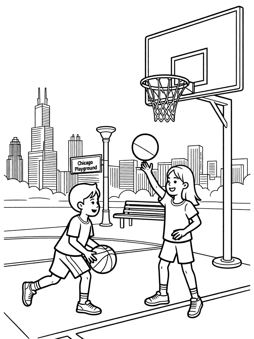 (Illinois) Kids playing basketball at a Chicago playground