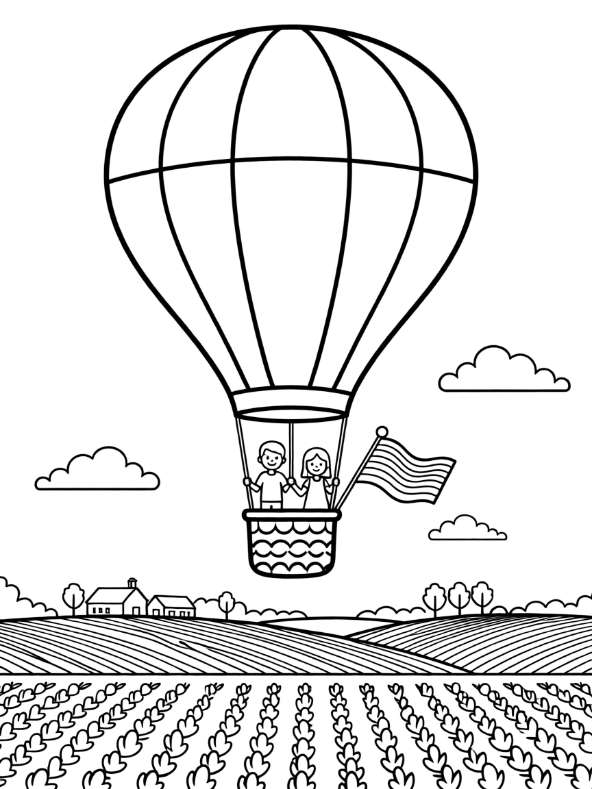 (Illinois) A hot air balloon flying over fields