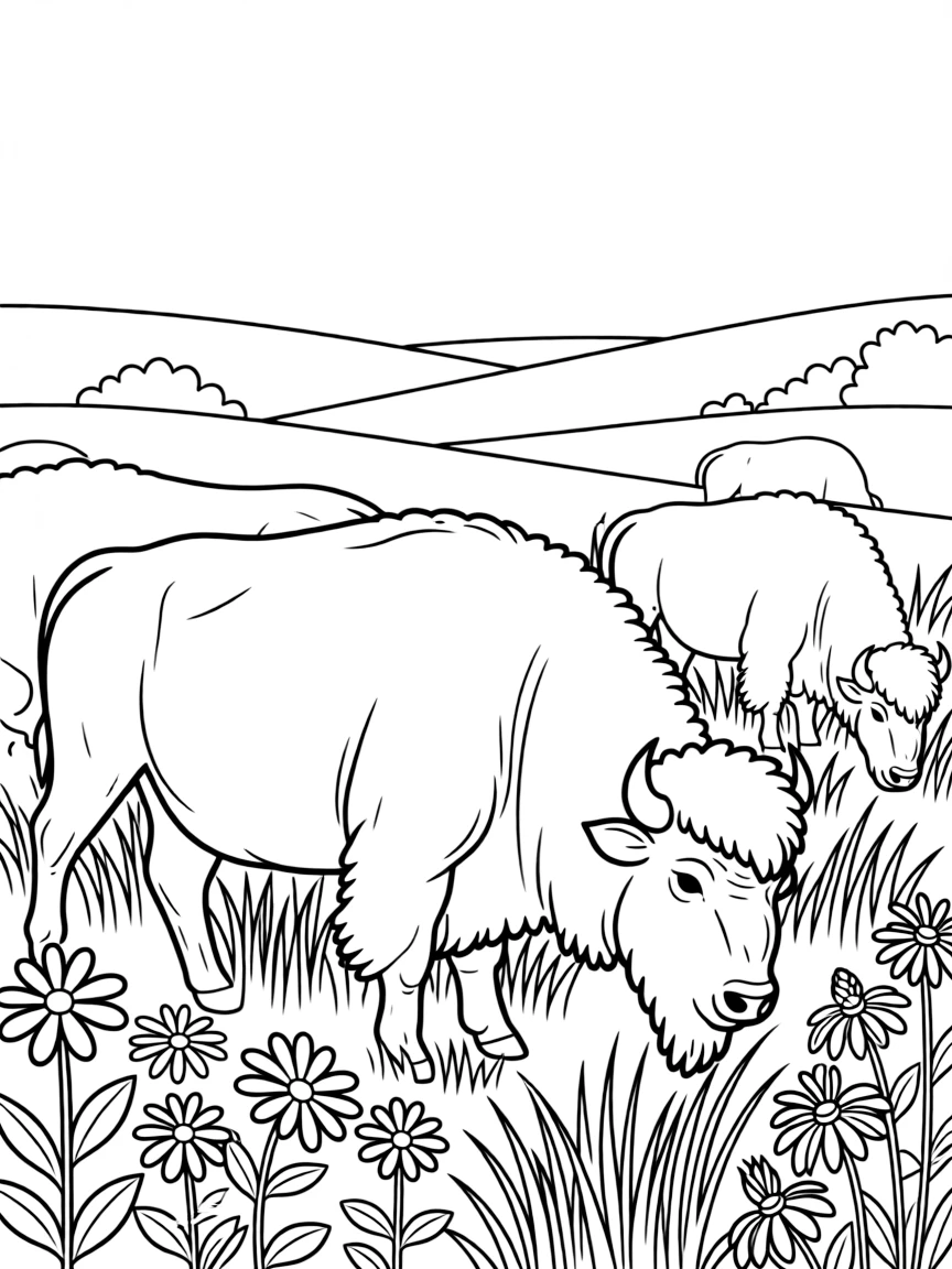 (Illinois) A prairie with wildflowers and bison