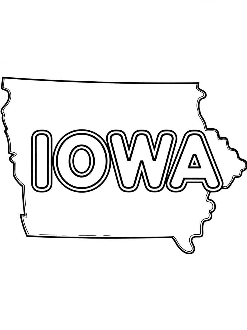 (Iowa) Iowa state outline with "IOWA" written inside in bold, bubble letters