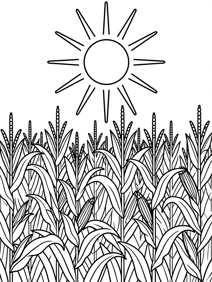 (Iowa) Corn stalks growing tall in a field with the sun shining overhead