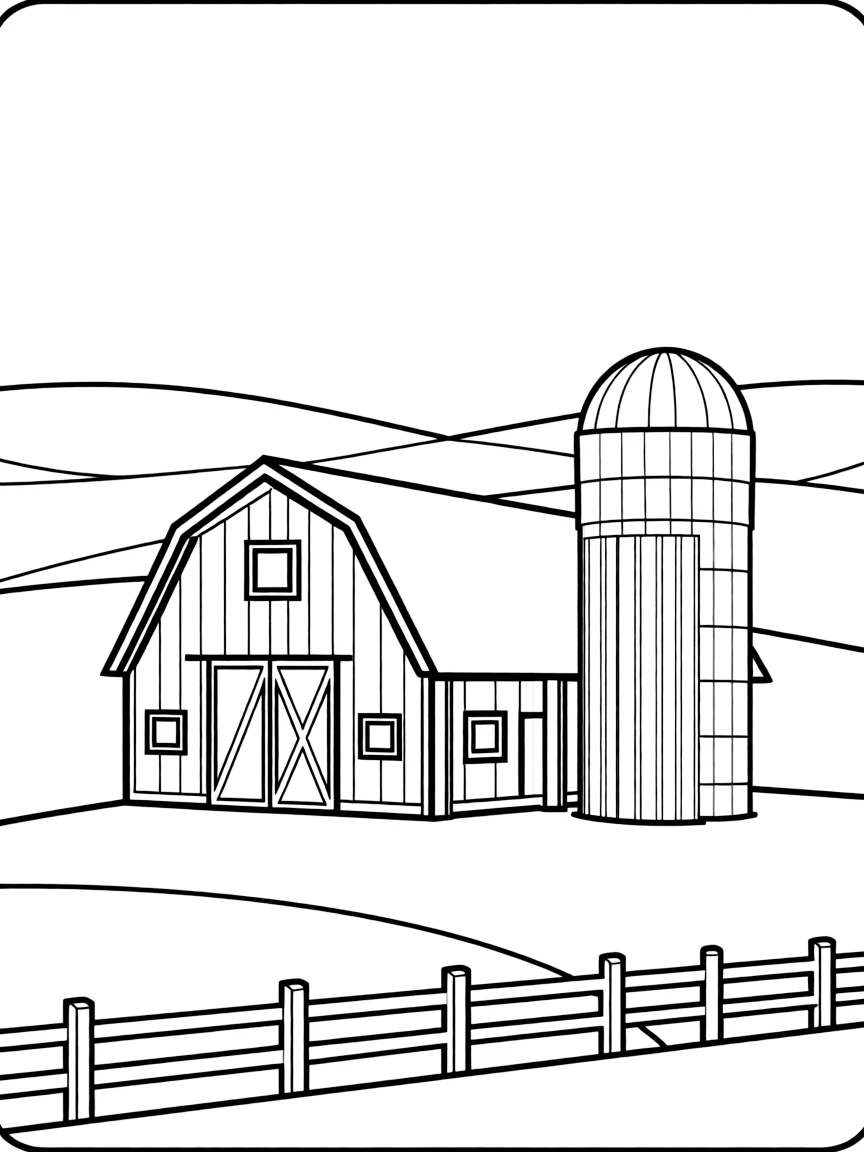 (Iowa) A red barn with a silo next to it on rolling green hills