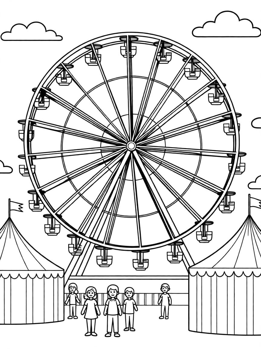 (Iowa) The Iowa State Fair Ferris wheel with carnival tents below