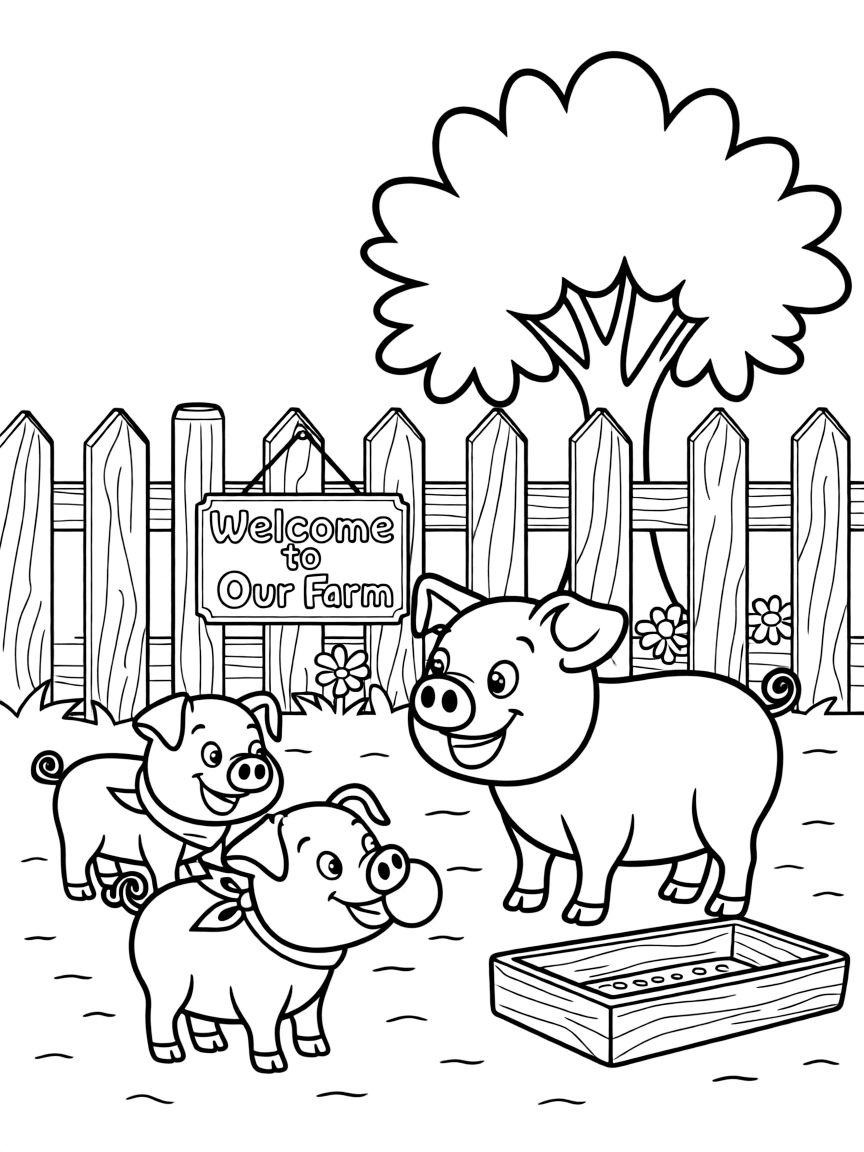 (Iowa) A friendly pig family playing in a farm pen