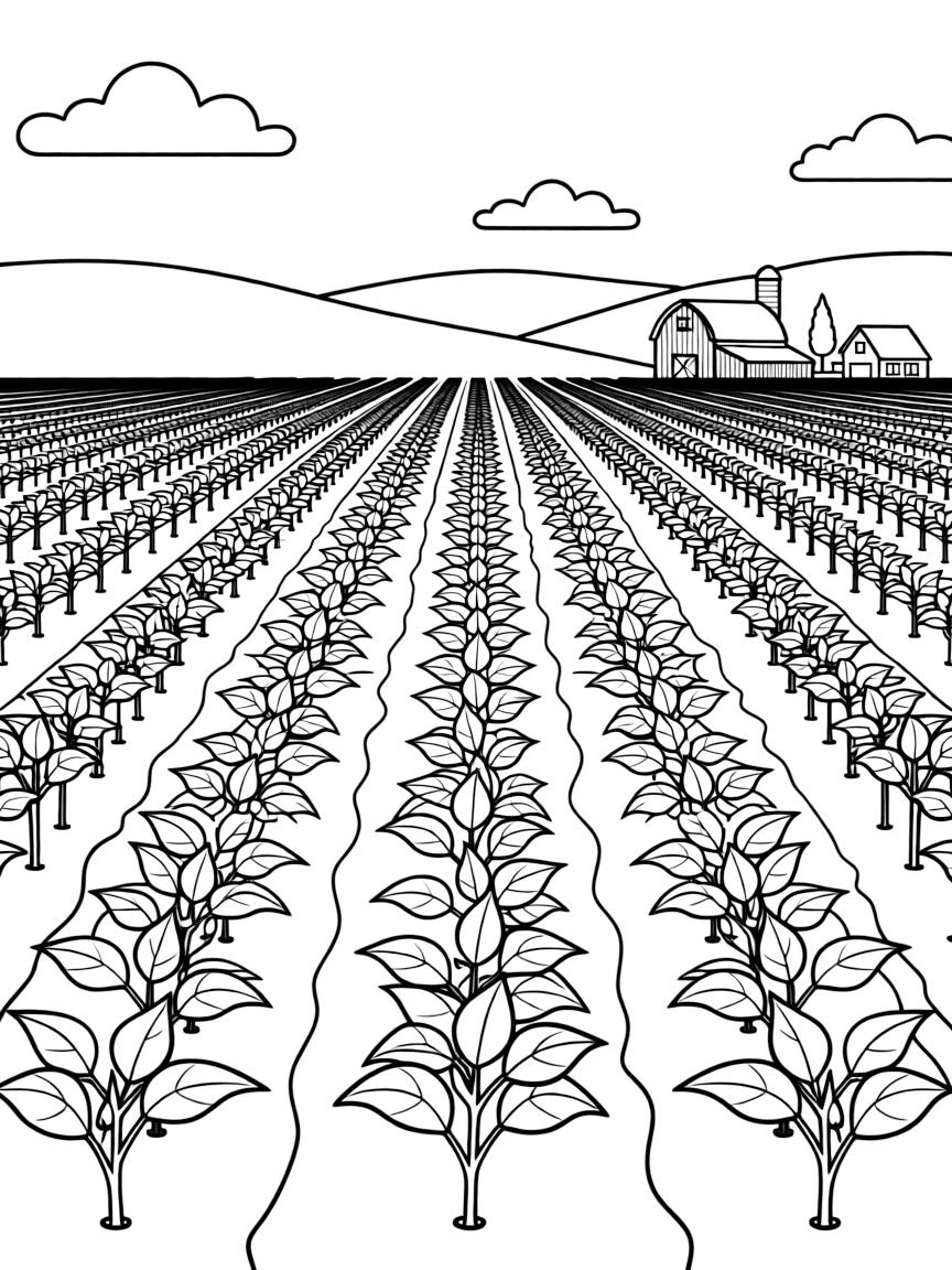 (Iowa) Soybeans growing in neat rows across farmland