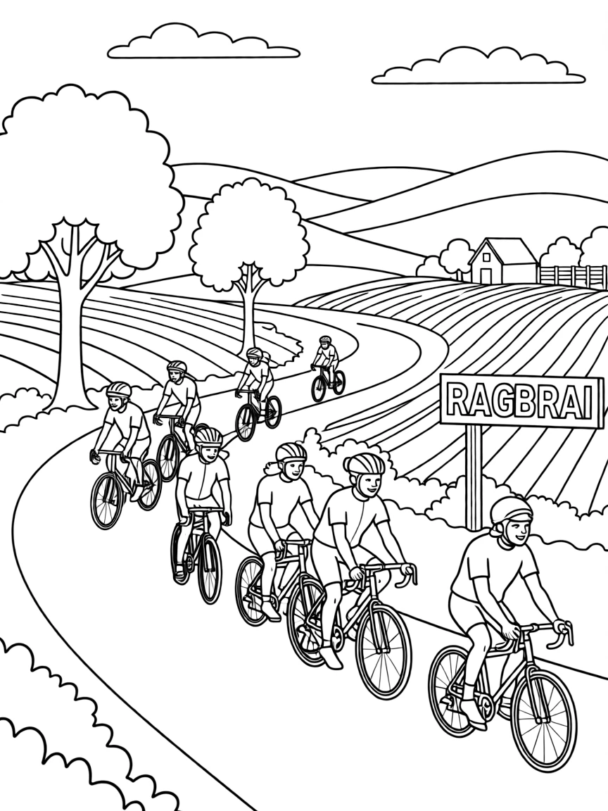 (Iowa) The RAGBRAI bicycle race with cyclists on country roads