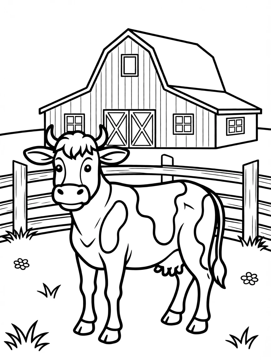 (Iowa) A cow standing in a pasture with a fence and barn in background