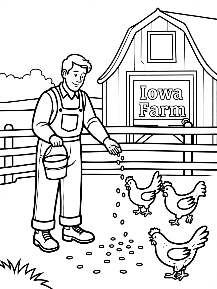 (Iowa) A farmer in overalls feeding chickens in a farmyard