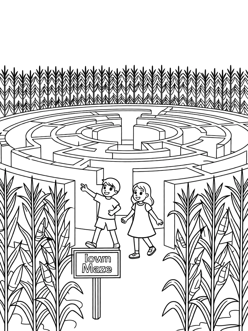 (Iowa) Iowa corn maze with children finding their way through