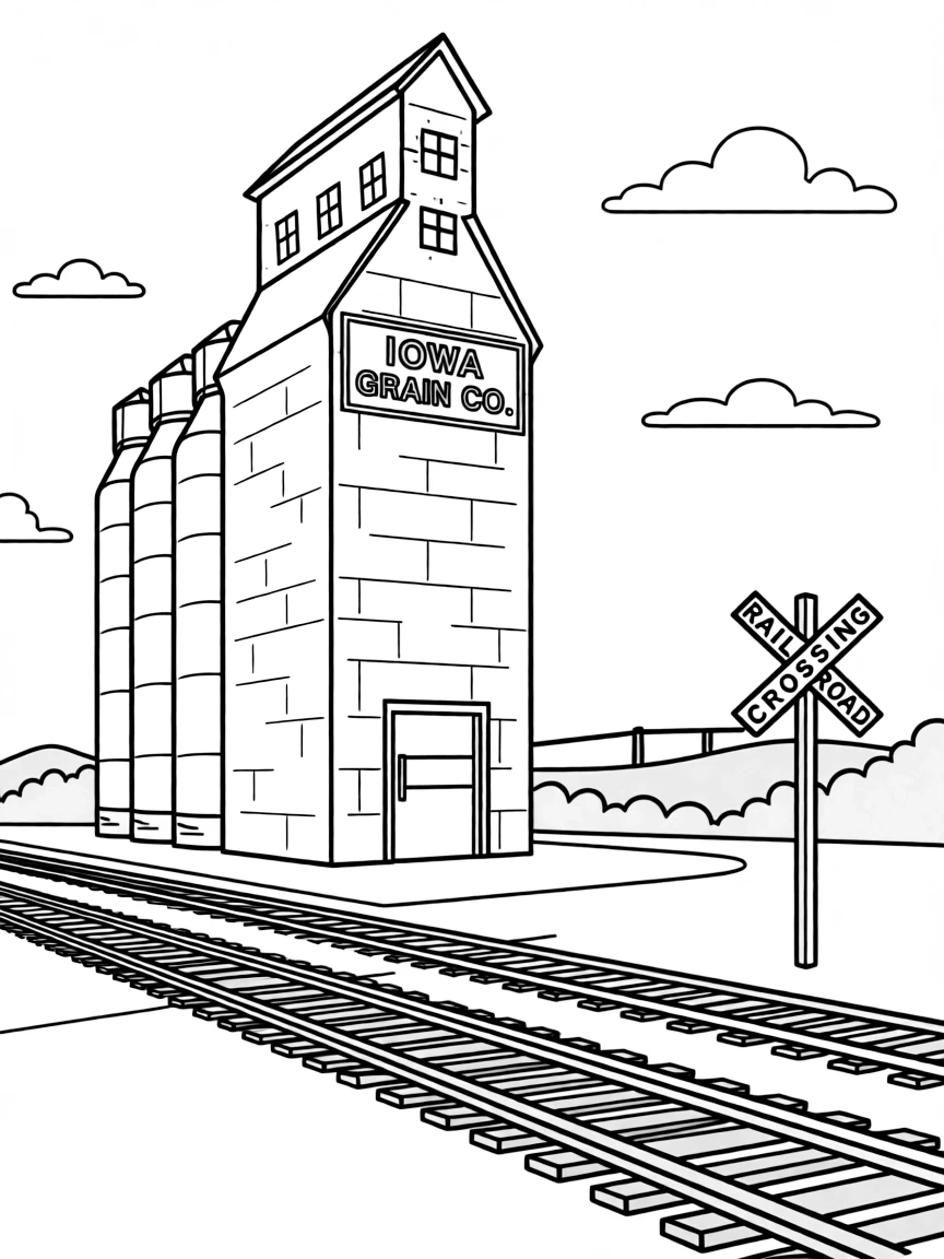 (Iowa) A grain elevator standing tall next to railroad tracks
