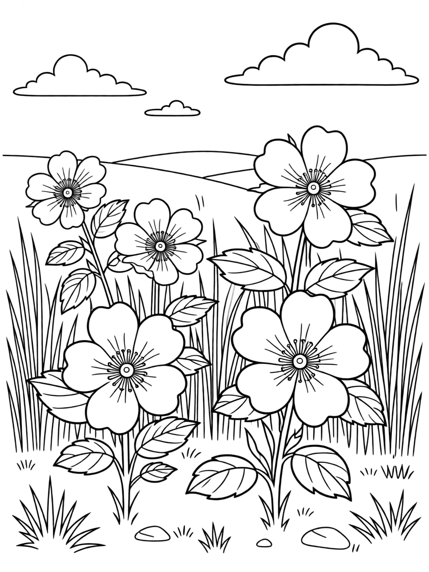 (Iowa) Iowa's Wild Prairie Rose (state flower) blooming in a field