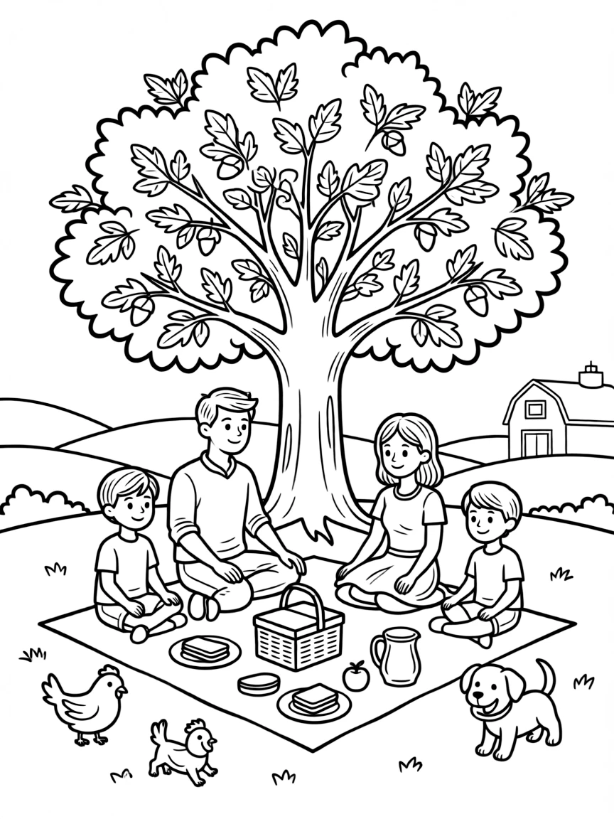 (Iowa) A farm family having a picnic under an oak tree