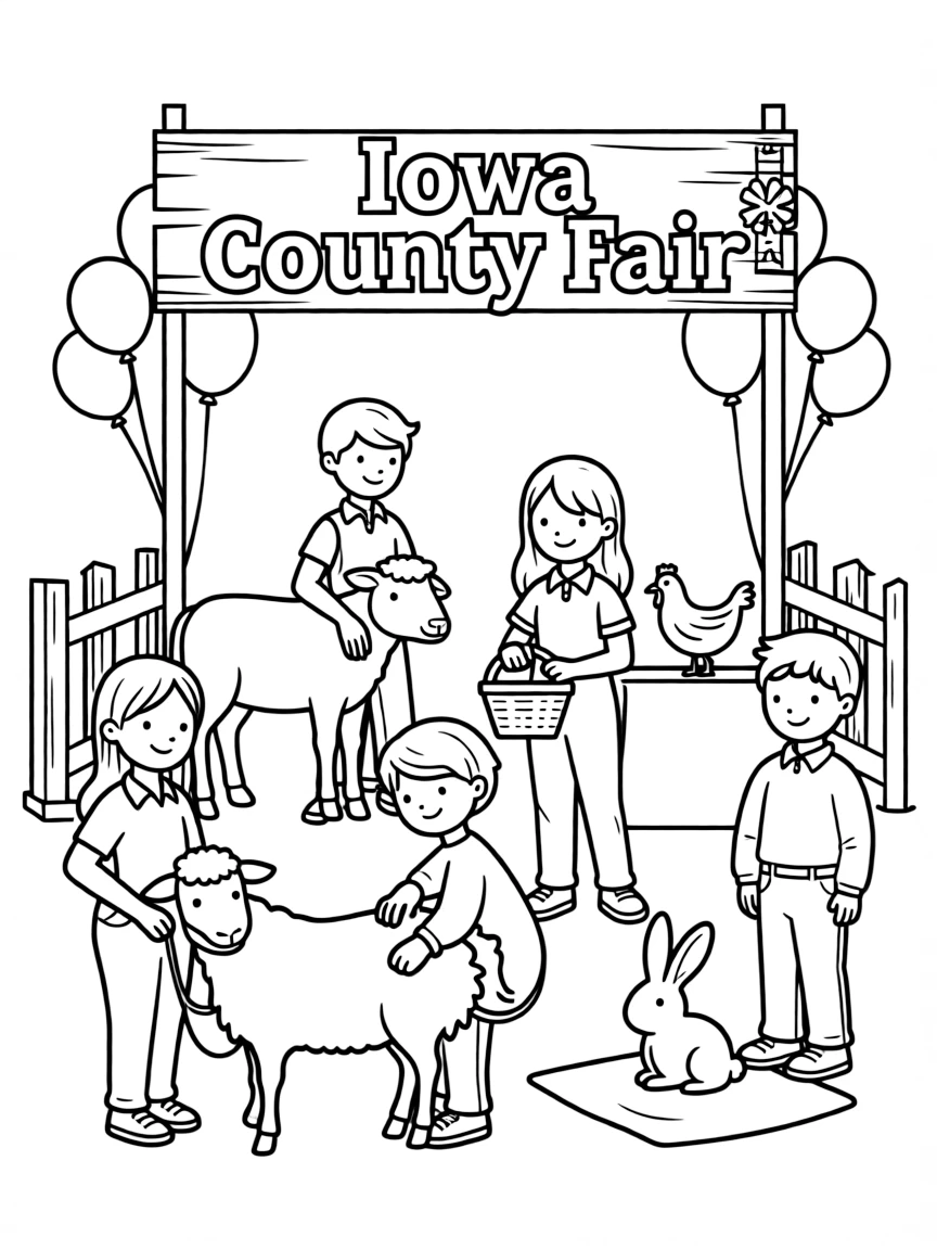 (Iowa) A county fair scene with 4-H kids showing their animals