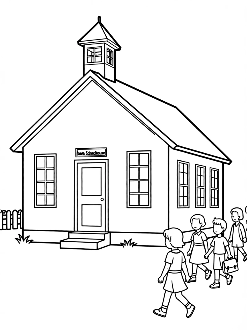 (Iowa) A one-room schoolhouse with children walking to school