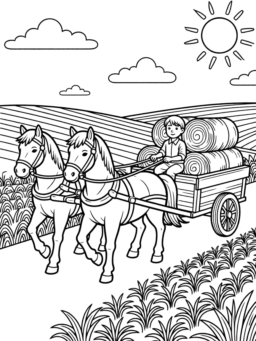 (Iowa) A hay wagon being pulled by horses through fields